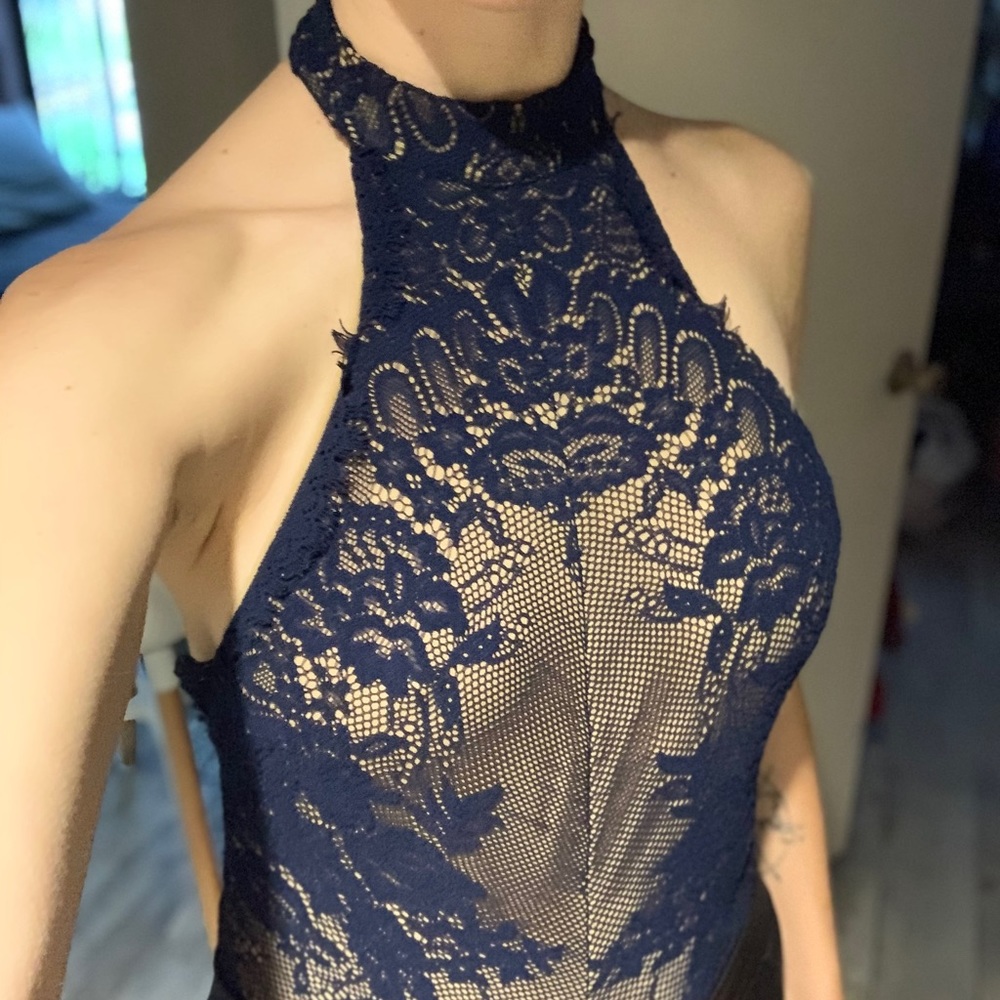 FREE PEOPLE Lacey blue bodysuit halter top.
